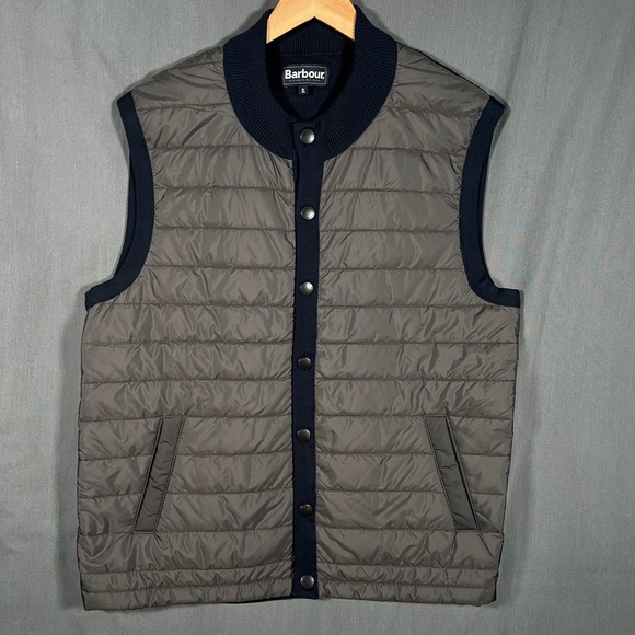 Barbour Vest Mens XL Gray Blue Quilted Gilet Puffer Snap Buttons